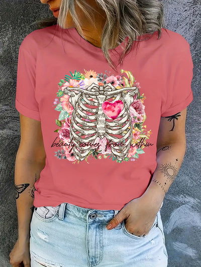 Skeleton Flower and Heart Graphic Tee: Embrace Summer Style with Casual Sports T-Shirts for Women