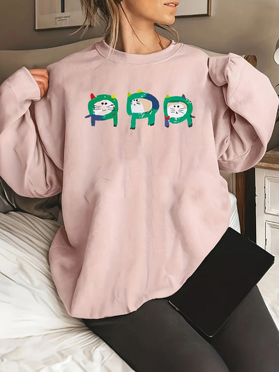 Whimsical and Playful: Cartoon Cat Print Sweatshirt - Perfect Casual Crew Neck Long Sleeve Sweatshirt for Women's Clothing