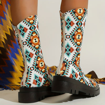 Women's Trendy Geometric Print Slip-On Platform Boots: Colorful & Comfy Mid-Calf Shoes