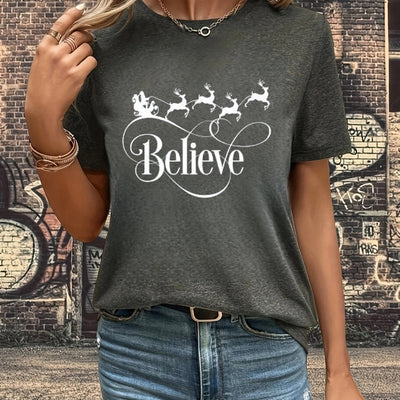 Christmas spirit in every stitch: Casual Short Sleeve Christmas Graphic Letter Print T-shirt for women's spring/summer fashion