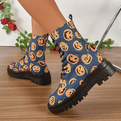 Pumpkin Spice and Everything Nice: Women's Chunky Heel Lace-Up Platform Boots - the Perfect Fashion Statement for Halloween