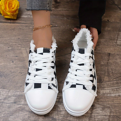 Stylish and Comfortable Women's Checkerboard Pattern Lace-Up Canvas Shoes