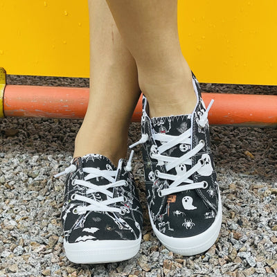 Lightweight Skeleton & Ghost Printed Women's Canvas Shoes - Perfect for Halloween and Everyday Comfort