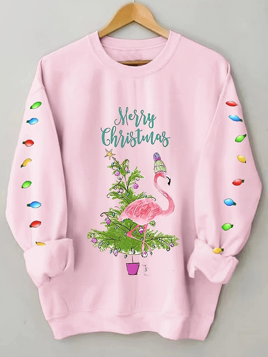 Stay cozy this winter in the Tropical Twist: Christmas Tree Flamingo Print Pullover Sweatshirt. 