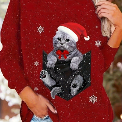 Feline Festivities: Women's Plus Size Christmas Casual Sweatshirt with Cat Print and Long Sleeves