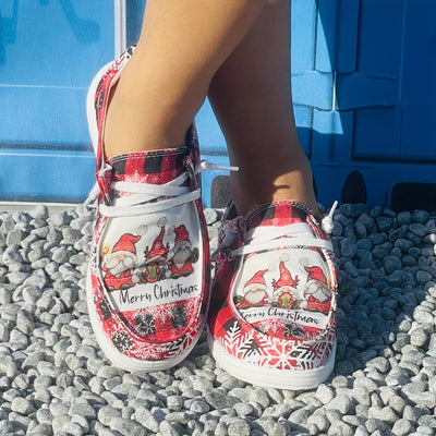 Fun and Festive: Women's Cartoon Print Canvas Shoes - Slip-On, Lightweight, and Comfy for the Holiday Season!