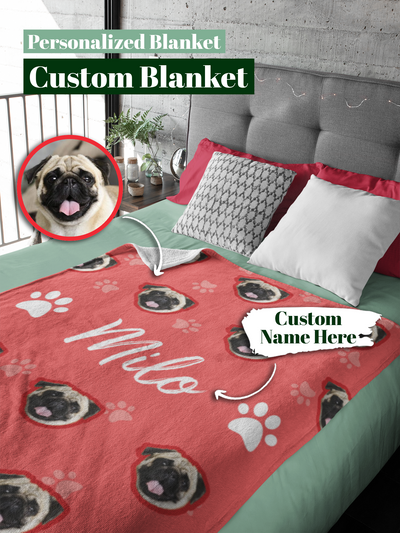 Personalized Pet Face And Name Blanket, Custom Dog Face Blankets BL11